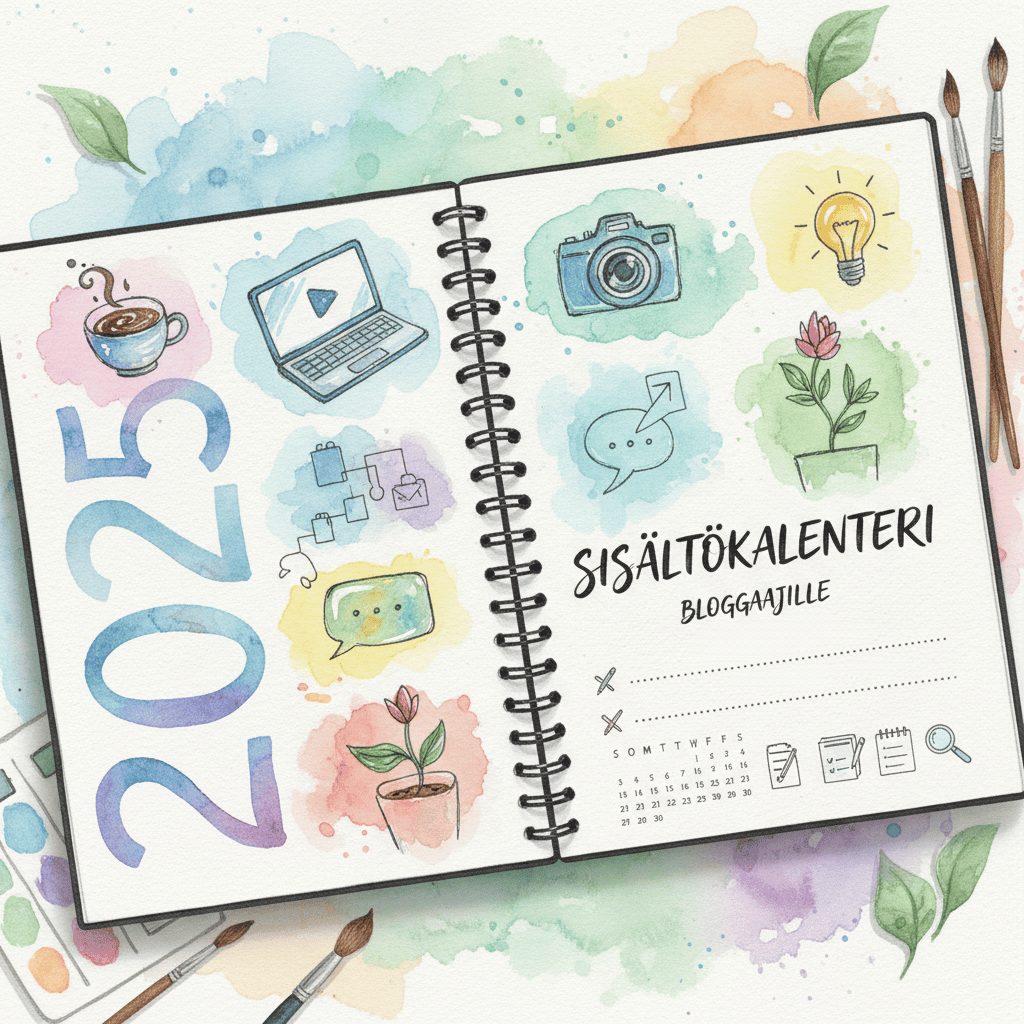 Visuaalinen esimerkki vuoden 2025 sisältökalenterista bloggaajille, sisältäen avainkohtia ja vinkkejä sisällön suunnitteluun.