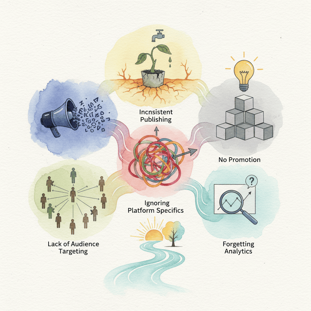Grafiikka, jossa kuvataan viittä yleistä sisällön jakelussa tehtävää virhettä ja niiden välttämistä.