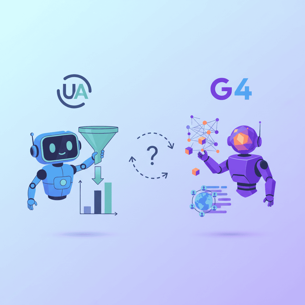 Gráfico comparativo de Google Analytics 4 (GA4) y Universal Analytics (UA), destacando las principales diferencias entre ambos sistemas de análisis web.