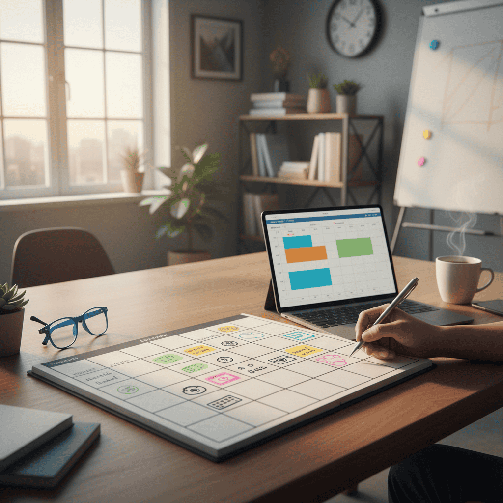 Sisältökalenteri, jossa on aikataulu ja aiheet, jotka säästävät aikaa ja energiaa sisällöntuotannossa.