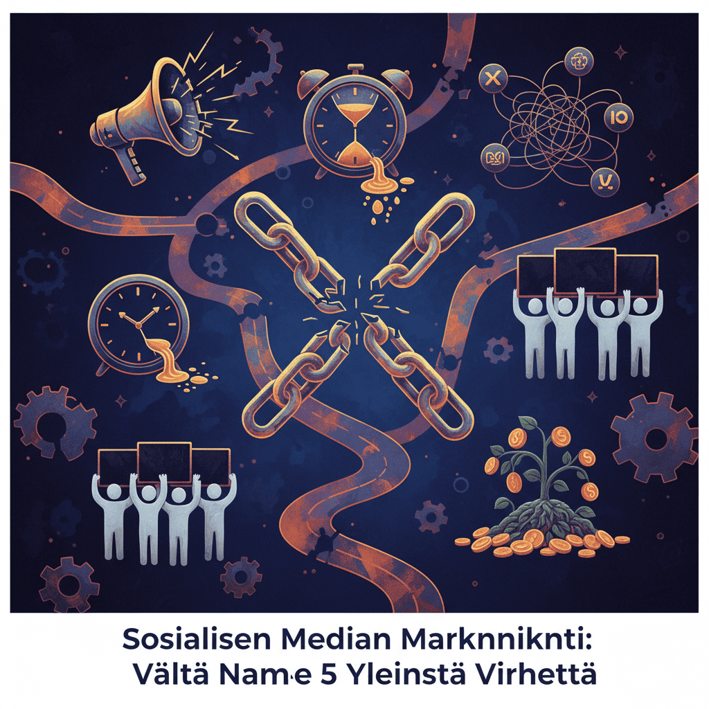 Infografiikka viidestä yleisestä sosiaalisen median markkinoinnin virheestä, joita tulisi välttää.