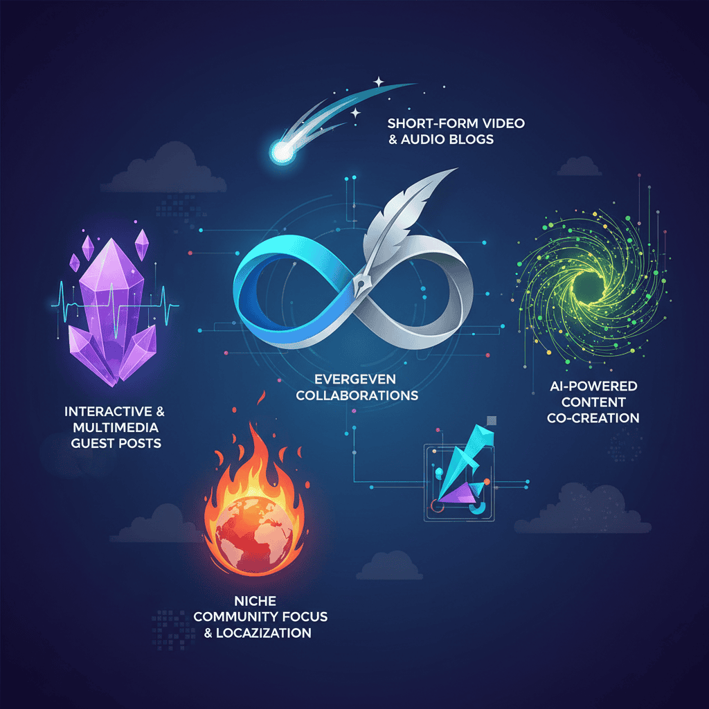 Top 5 vierasbloggaus trendit vuonna 2025: visuaalinen sisältö, pitkämuotoinen sisältö, asiantuntijoiden haastattelut, interaktiivisuus ja datan hyödyntäminen.