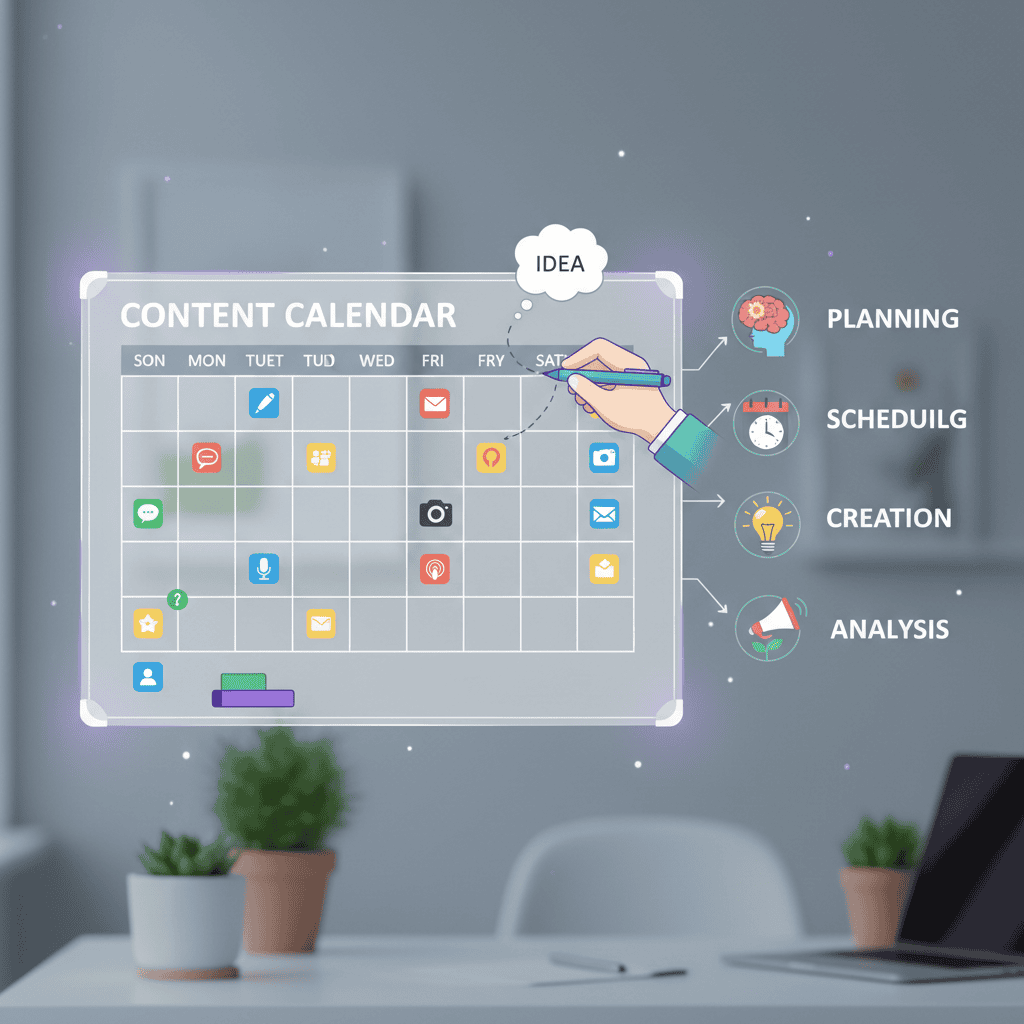 Kuvituskuva onnistuneesta sisältökalenterista: selkeä ja visuaalinen aikataulu tulevan sisällön suunnitteluun.